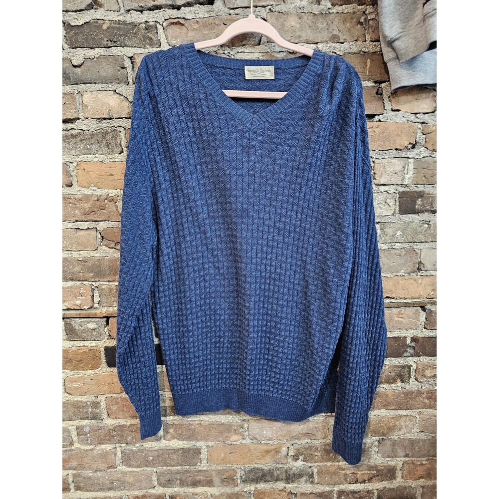 Tricots St. Raphael Sweater Mens Large Blue V Neck Waffle Knit Pullover Made USA
